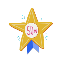 A gold star with a blue ribbon, and the text 50m