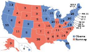 Electoral college map, depicting Obama winning many states in the Northeast, Midwest, and Pacific West, and Florida, and Romney winning many states in the South and Rocky Mountains.