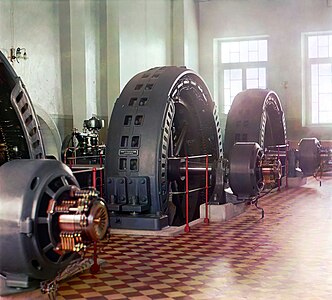 The generators of Hindu Kush hydro power plant (Гиндукушская ГЭС) on Marghab River soon after its completion in 1909 by the Hungarian Ganz Works. At the time, it was the largest hydro power generating station of the Russian Empire