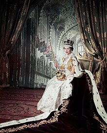 Elizabeth is seated and holds an orb and sceptre.