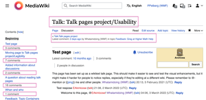 Screenshot showing the talk page design changes that are currently available as beta features at all Wikimedia wikis. These features include information about the number of people and comments within each discussion.