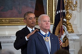 President Barack Obama awards the medal with Distinction to then-Vice President Joe Biden, 2017. Biden was the first president to receive the award before assuming office.