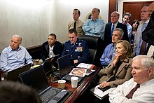 Photo of Obama, Biden, and national security staffers in the Situation Room, somberly listening to updates on the bin Laden raid