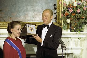President Gerald Ford awarding the Presidential Medal of Freedom with Distinction to Martha Graham, 1976