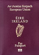 A passport, displaying the name of the member state, the national arms and the words "European Union" given in their official language(s) (Irish version pictured)