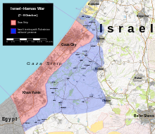 The map of the Gaza Strip and some of Israel. A large amount of territory in Israel is marked as having a Hamas presence.