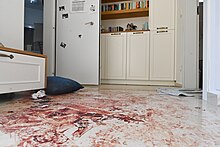 Caked blood on the floor inside a house.