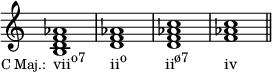  {
\override Score.TimeSignature #'stencil = ##f
\relative c' {
  \clef treble
  \time 4/4
  <b d f aes>1_\markup { \translate #'(-7.5 . 0) { \concat { \small "C Maj.:" \hspace #1 \normalsize "vii" \raise #1 \small "o7" \hspace #3.5 "ii" \raise #1 \small "o" \hspace #5.5 "ii" \raise #1 \small "ø7" \hspace #5 "iv" } } }
  <d f aes> <d f aes c> <f aes c> \bar "||"
} }
