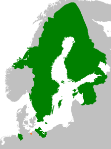 Location of Wismar (orange) under Swedish rule within the Kingdom of Sweden (green) in 1658