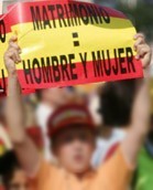 在白天戶外集會中, 一名少年高舉紅黃紅橫間長方形標語牌, 上面寫著"MATRIMONIO = HOMBRE Y MUJER".