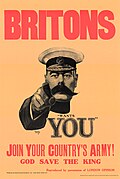 A stern-faced Lord Kitchener points out of the image, with the header "Britons" above and "wants you" below