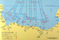 Carte des plages du débarquement, avec la position des navires de ligne.