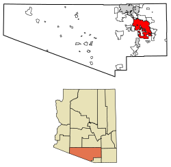 图森在皮馬縣的位置以及皮馬縣在亚利桑那州的位置