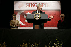 George W. Bush, flanked by a man and a woman, is standing in front of the flag of Singapore, which had been defaced with numerous small lion symbols.