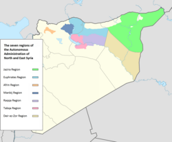 The regions of the Autonomous Administration of North and East Syria, the Euphrates Region is in light blue