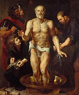 彼得·保羅·魯本斯的《垂死的塞內卡》（Der sterbende Seneca），185 × 154.7cm，約作於1614年，來自杜塞道夫畫廊的收藏[49]