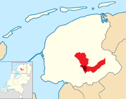 海伦芬市镇（红色）和海伦芬城市（深红色）在荷兰弗里斯兰省的位置