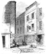 Illustration de Cock Lane datant du XIXe siècle. Les apparitions ont lieu dans le bâtiment à trois étages sur la droite. Dessin datant de 1852.