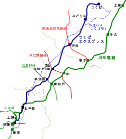 筑波快線與周邊鐵路、巴士路線的路線圖