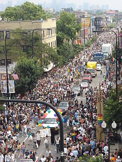 Chicago Pride parade taken from Halsted Street rooftop