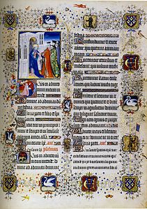 Pseudo-Jacquemart, Les Grandes Heures du duc de Berry, folio 96, Jean de Berry accueilli par saint Pierre à la porte du Paradis, 1407-1409, Bibliothèque nationale de France, Paris.
