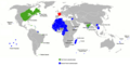 图5.时间交错的法兰西殖民帝国地图，綠色代表第一殖民帝国领土，深蓝色代表第二殖民帝国领土，斜线代表势力范围