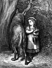 Gravure d'une petite fille portant panier dans le creux de ses bras, qu'elle semble abriter d'un loup de la même taille qu'elle et qui lui tourne autour.