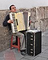 街頭手風琴演奏者，拍攝於厄瓜多爾基多歷史悠久的中心區的一條街道。