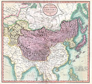 1806年John_Cary（英语：John_Cary）绘制的獨立的鞑靼利亚（黄色）和中国鞑靼利亚（紫色）