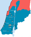 羅馬敘利亞行省（紅色）和大希律王治下的希律猶太王國（藍色），猶太行省的前身，耶穌也是在這個王國時期降生。