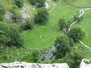 View over cliff edge to Malham Beck below