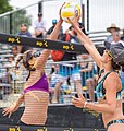 Image 21Two opposing players simultaneously contact the ball above the net with open hands, known as a "joust". The receiving team is entitled to another three contacts. (from Beach volleyball)