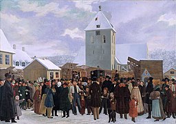 Market at Stortorvet in 1843 Painting by L.W.Th. Bratz