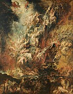 彼得·保羅·魯本斯的《詛咒者的墜落（英语：The Fall of the Damned）》，288 × 225cm，約作於1620年，來自杜塞道夫畫廊的收藏[52]
