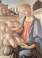 波提切利的《抱子聖母與天使（英语：Virgin and Child with Two Angels (Botticelli, Naples)）》，100 × 71cm，約作於1465－1469年，來自法爾內塞家族的藏品[10]