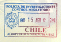 紐西蘭護照上的智利入境印章，由聖地亞哥機場的智利調查警局（PDI）簽發。