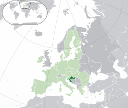 克罗地亚的位置（深綠色） – 歐洲（綠色及深灰色） – 歐洲聯盟（綠色）  —  [圖例放大]