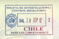 紐西蘭護照上的智利出境印章，由Paseo los Liberadores邊界關口的智利調查警局（PDI）簽發。