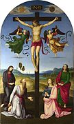 Raphael used verdigris for the green coat of Saint John, the left angel's frock, and other accents, in The Mond Crucifixion