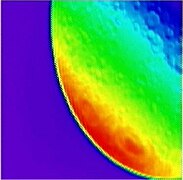 An infrared camera image of the Moon taken with the Lunar Crater Observation and Sensing Satellite (LCROSS) mid-infrared camera. This is the first infrared image ever taken of the far side of the Moon.