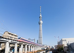 東京スカイツリーをバックに走る「りょうもう」 （2018年11月）