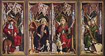 米夏埃爾·帕赫的《教堂神父祭壇畫》（Altarpiece of the Church Fathers），中聯216 × 196cm，兩側216 × 91cm，約作於1482-1483年，來自修道院的收藏[17]