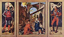 杜勒的《鮑姆加特納祭壇畫（英语：Paumgartner altarpiece）》，中聯155 × 126cm，兩側157 × 61cm，約作於1503年，來自馬克西米利安一世的收藏[24]