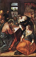 丁托列托的《耶穌拜訪馬大與馬利亞（義大利語：Cristo in casa di Marta e Maria (Tintoretto)）》，200 × 132cm，約作於1580年，1803年始藏[44]