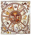 6th century zodiac mosaic from the Beth Alpha Synagogue. At the corners are winged female angels, perhaps representing the seasons.