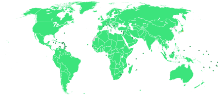 緑は参加国、灰色は不参加国、黄色は開催都市（東京）