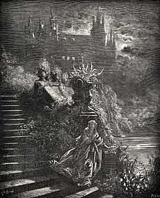 Gravure où l'on voit une jeune fille descendre, regardant derrière elle, l'escalier extérieur d'un château recouvert de lierre et aux tourelles sinistres.
