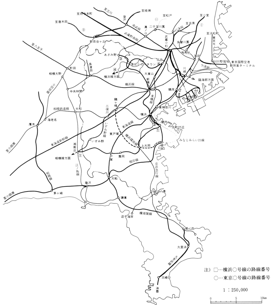 薄い実線（原図では黄色）が、運輸政策審議会答申第7号で計画されていた路線。