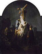林布蘭的《耶穌卸下十字架（英语：The Descent from the Cross (Rembrandt, 1633)）》，89.4 × 65.2cm，約作於1636-1639年，來自杜塞道夫畫廊的收藏[59]