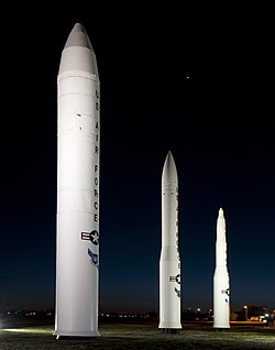 A static display of intercontinental ballistic missiles at F.E. Warren AFB during 2012. From left are the Peacekeeper, the Minuteman III, and the Minuteman I.